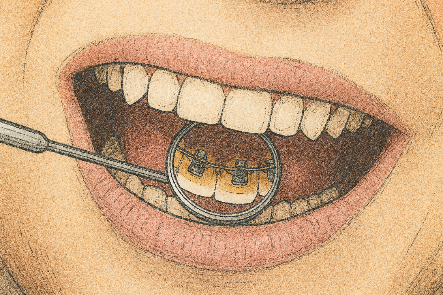 A drawing of a person's open mouth with a dental tool holding a ring that has braces attached to the teeth.