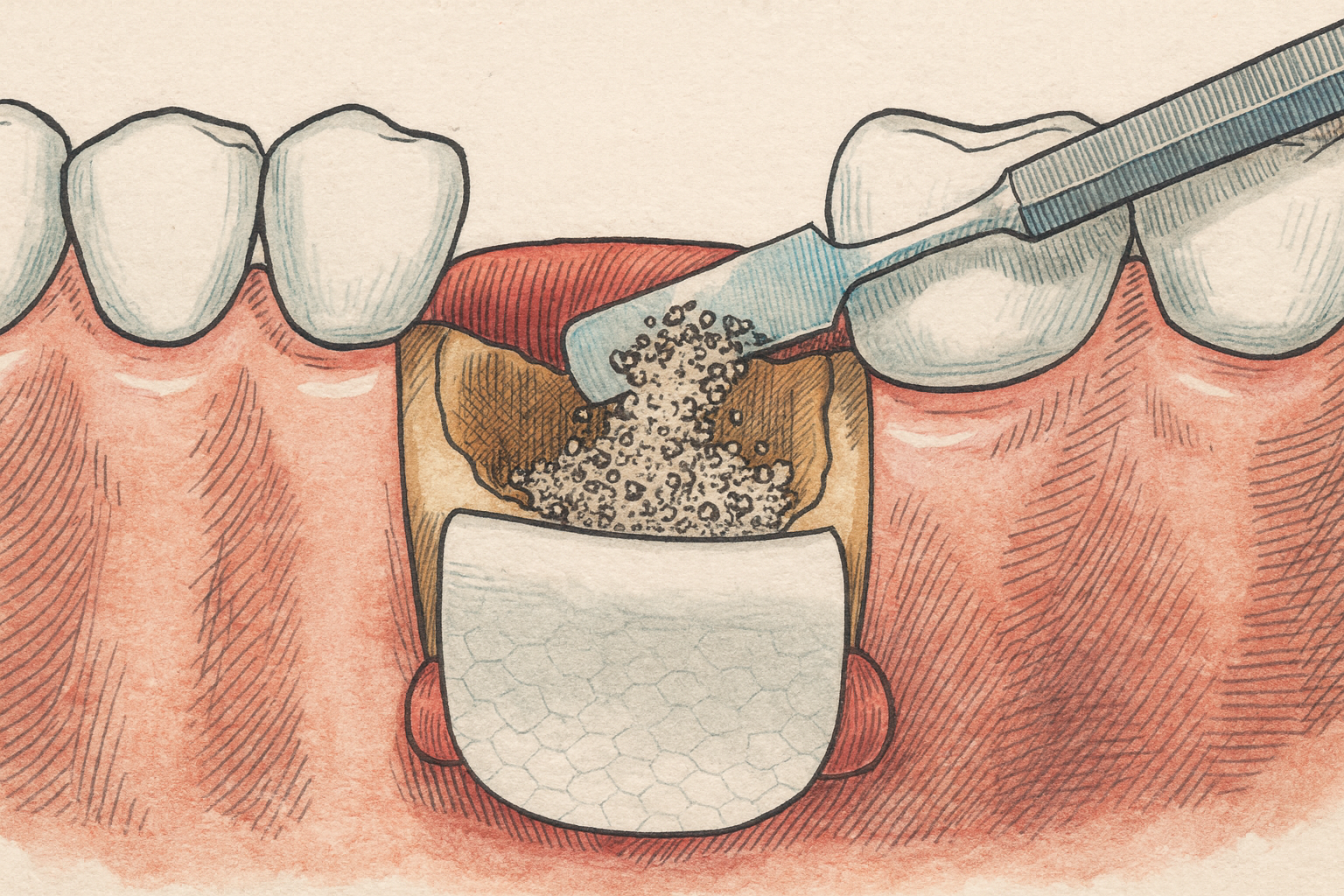 Illustration of a dental surgery showing a root canal procedure with dental tools, a tooth, and exposed inner pulp chamber.