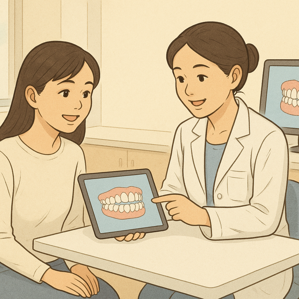 A dentist explaining teeth diagrams to a patient during a consultation in a dental office.