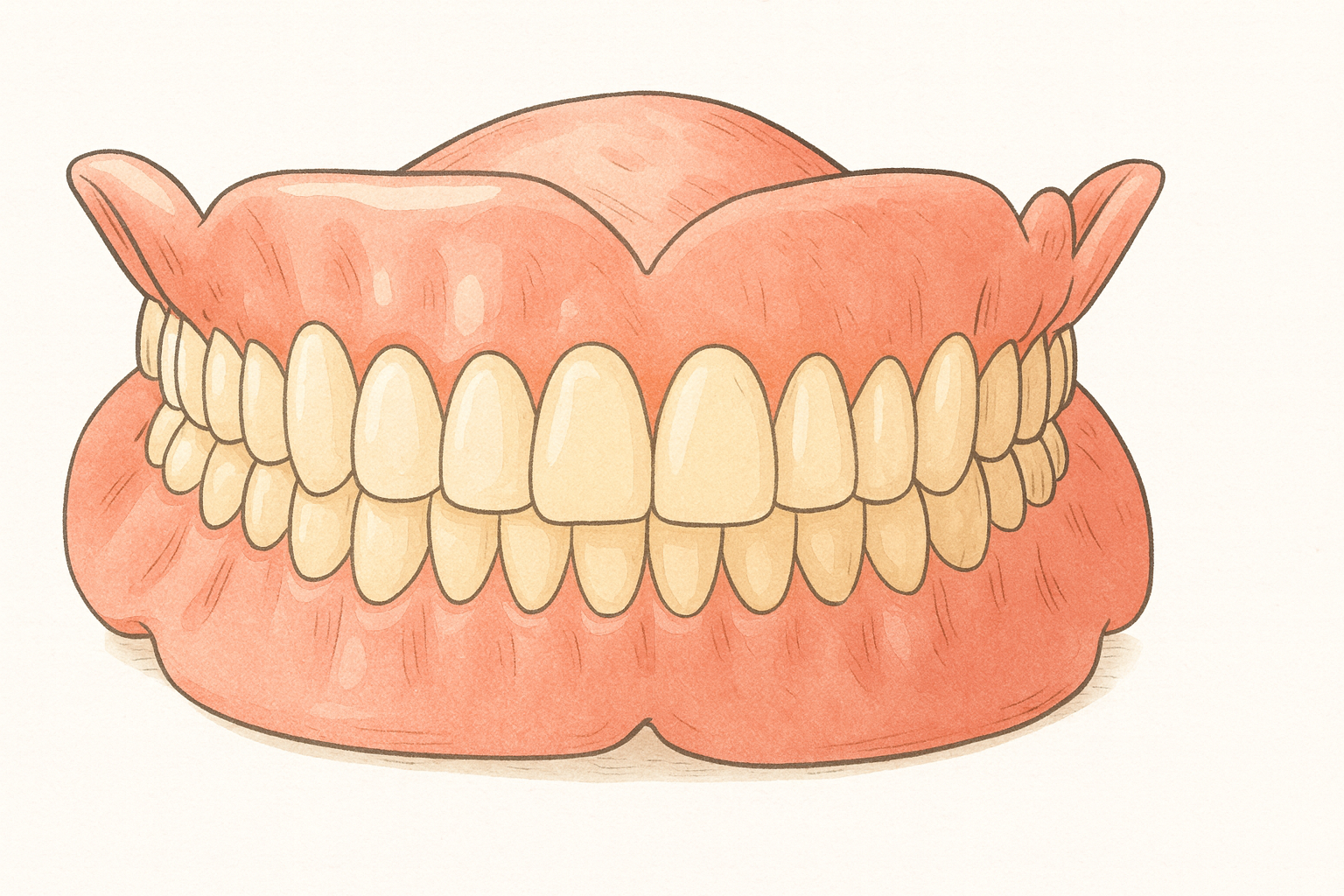 Illustration of a set of teeth and gums with the upper and lower teeth visible, drawn in a cartoon style.