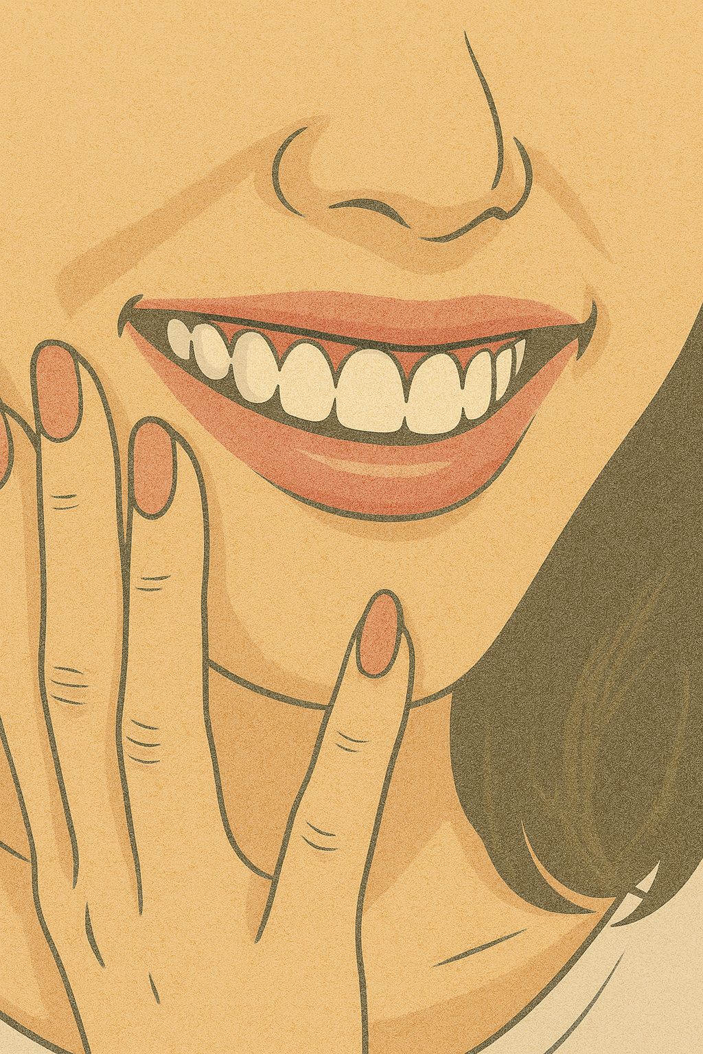 Close-up of a woman's smiling mouth with teeth showing, and fingers touching her face, in a stylized illustration.