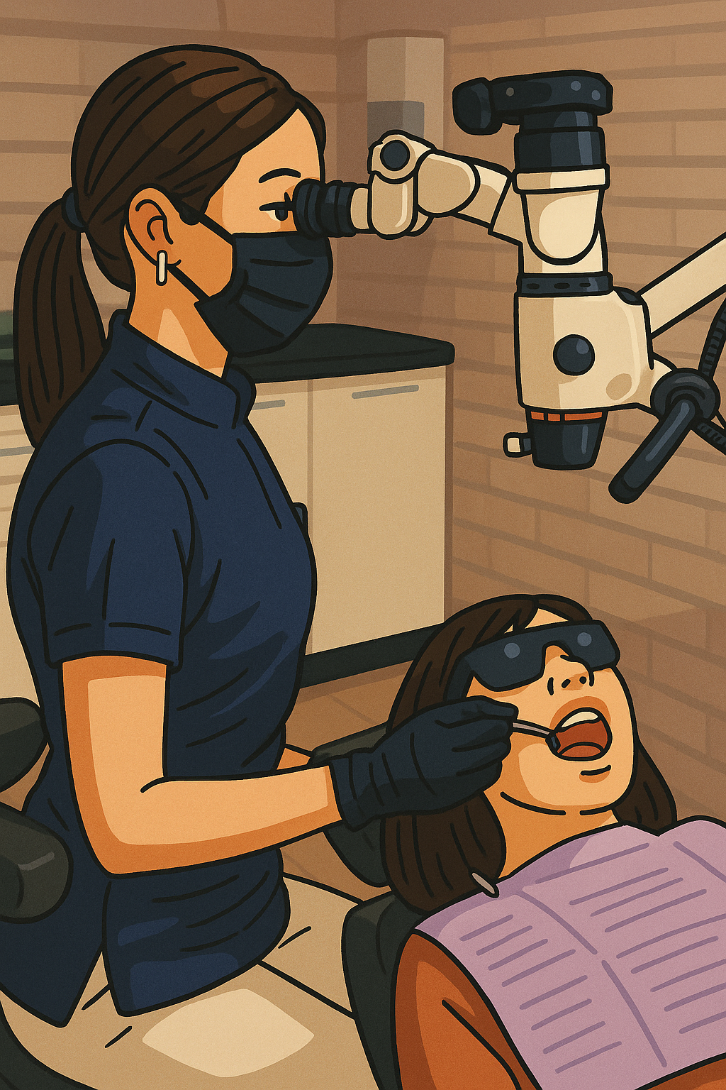 Illustration of a dental checkup with a female dentist using a microscope to examine a patient with virtual reality glasses and an open mouth.