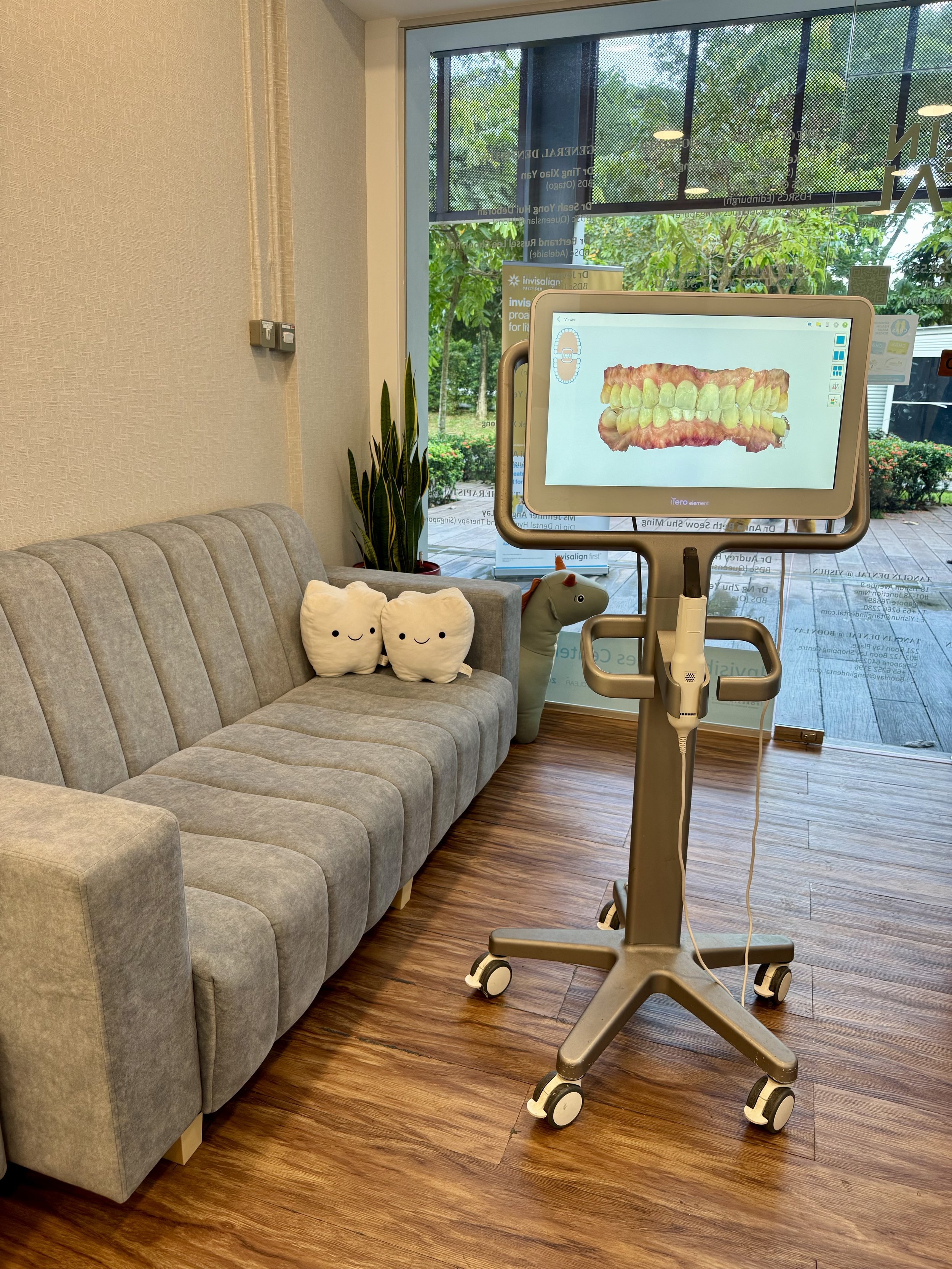 Interior of a dental office with a gray couch, two plush tooth pillows, a green dinosaur stuffed animal, and a digital mouth imaging monitor on a stand, near a glass door with trees outside.