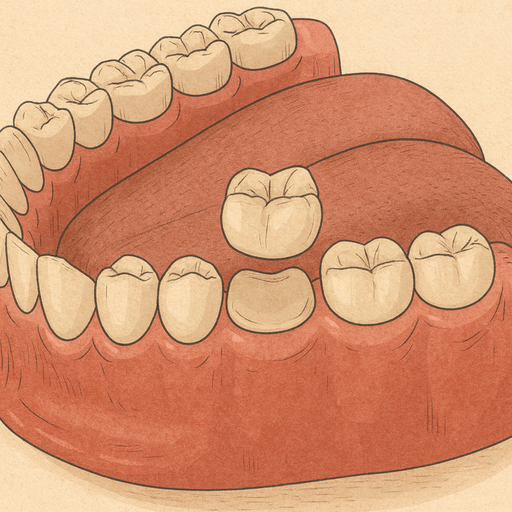 Illustration of a person's open mouth showing upper and lower set of teeth.