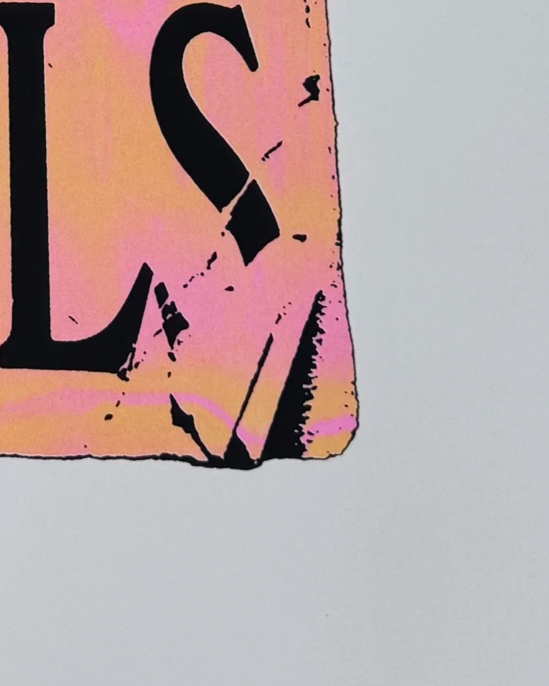 Close-up of the printed corner of a book on a pink and orange background, with visible creases and texture.
