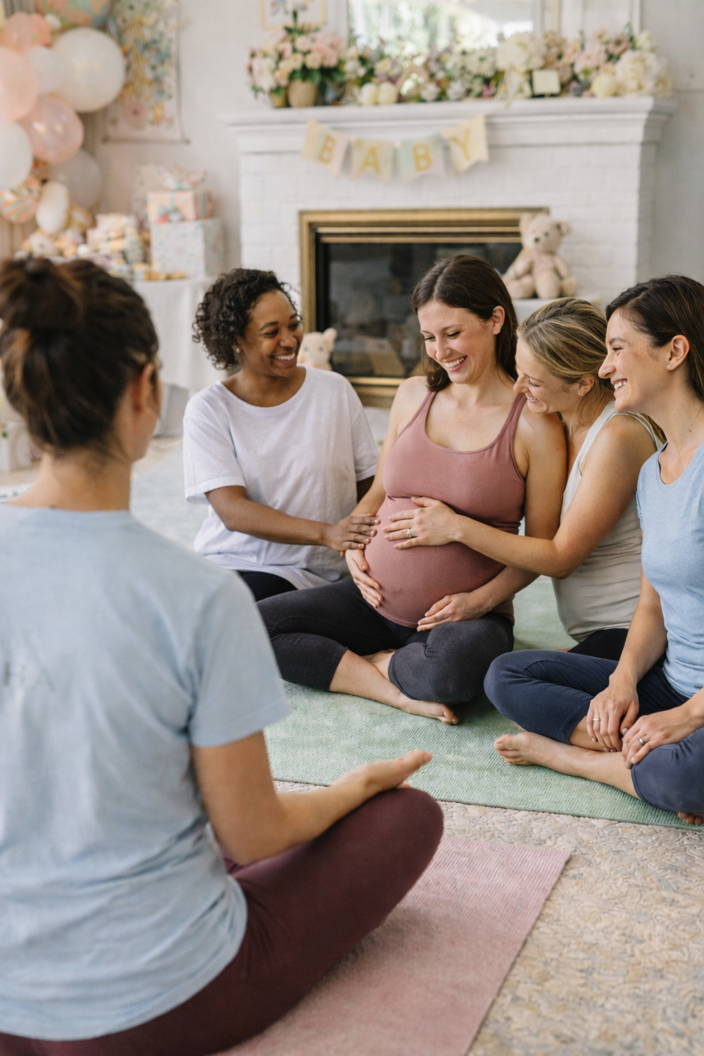 Group of people practicing pre-natal yoga at a baby shower in a living room wearing comfortable yoga clothes smiling and supporting the pregnant mother-to-be