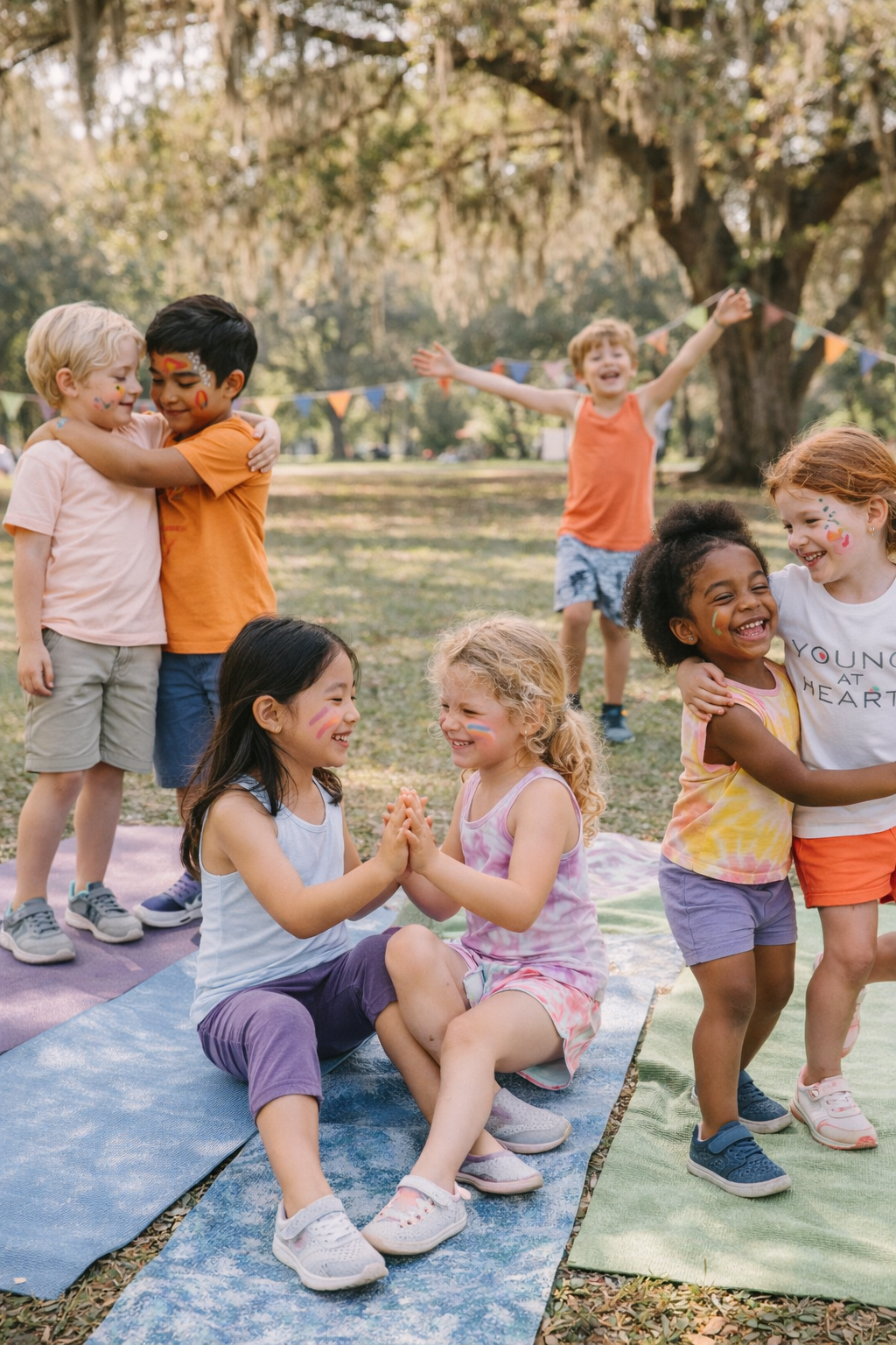 seven young children playing in the park practicing partner yoga poses