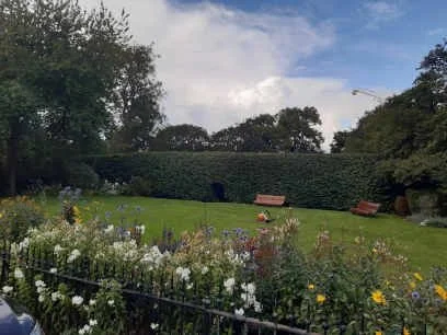 A garden with green grass, flowering plants, and bushes, with two wooden benches, a hanging garden light, and a small orange and black robotic lawn mower. There is a tall hedge, trees, and a construction crane in the background under a partly cloudy sky.