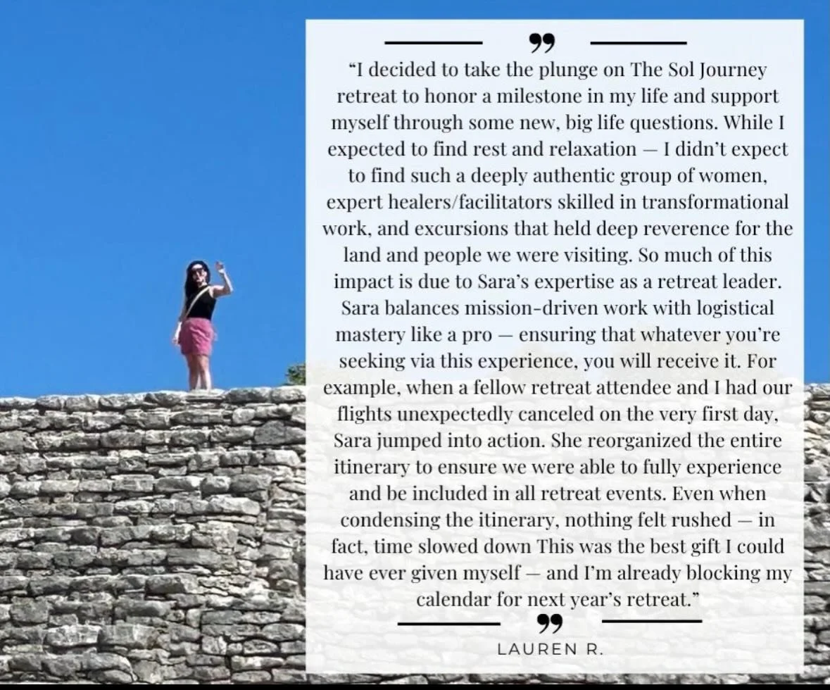 Reading words like this, remind me why I do what I do!!

Creating spaces where women feel deeply supported, seen, cared for, and transformed is the heart behind every Sol Journey experience. From meaningful connection and healing work to honoring the