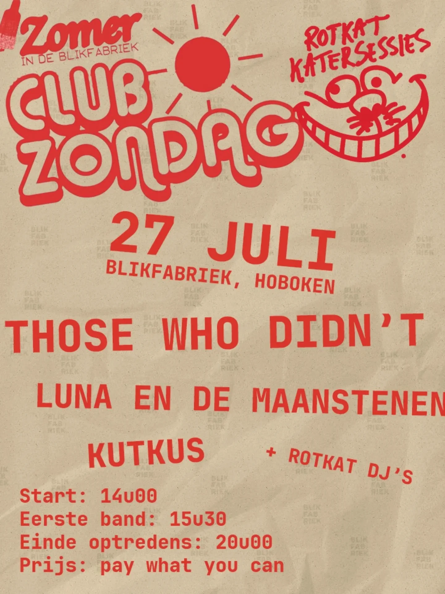 In exactly two weeks, on Sunday July 27, we're playing at @blikfabriek. Rotkat Katersessies (@rotkatrecords), together with @luna_en.de_maanstenen and @kut_kus.
It'll be loud enough to shake of that hangover.