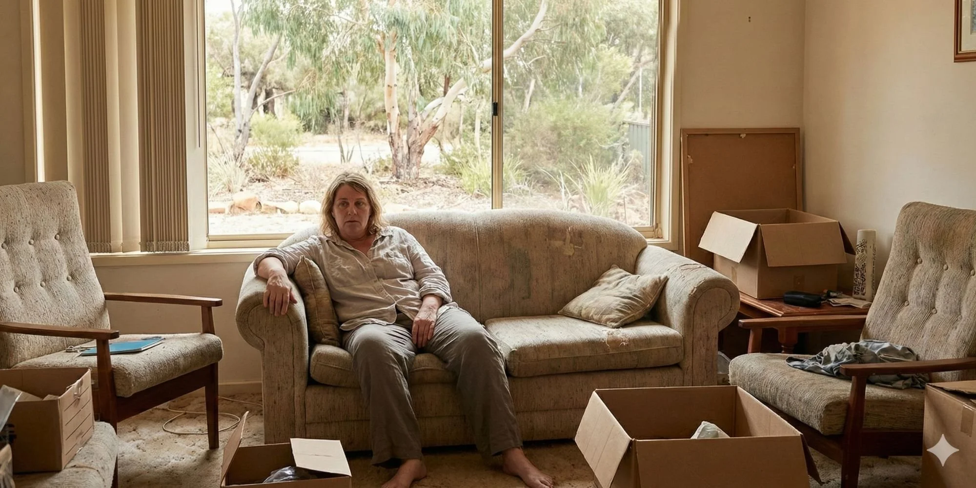 a stressed woman in her living room depicting her depleted root chakra or Muladhara