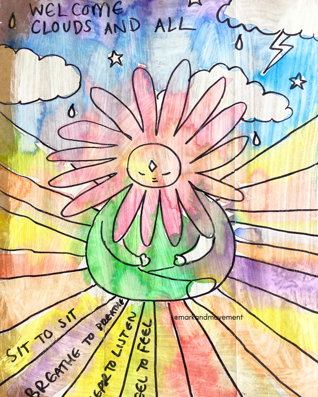 rainbow  watercolour washes with black Sharpie outline of a person  sitting in peaceful contemplation. the image says welcome clouds and all