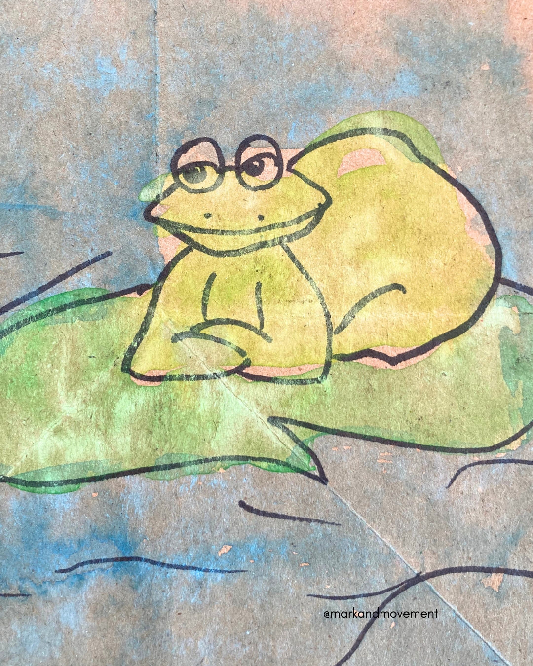 a frog sitting on a lily pad with green and blue watercolour washes