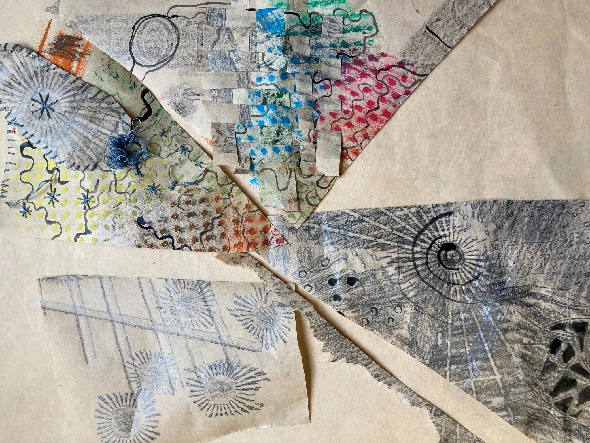 Mixed media artwork of frottage, slow stitching (embroidery, paper weaving and collage. This photo is rich with texture, shape and colour