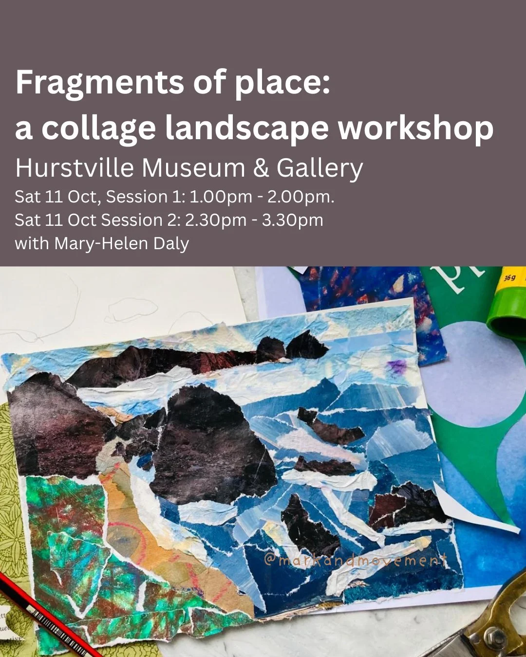 🖼️ Rip, tear and stick

Join me for Abstract Collage Landscape workshop at Hurstville Muesum &amp; Gallery.

In these one hour workshop, I will guide you through the process of creating your own postcard-sized abstract landscape collage. You&rsquo;l