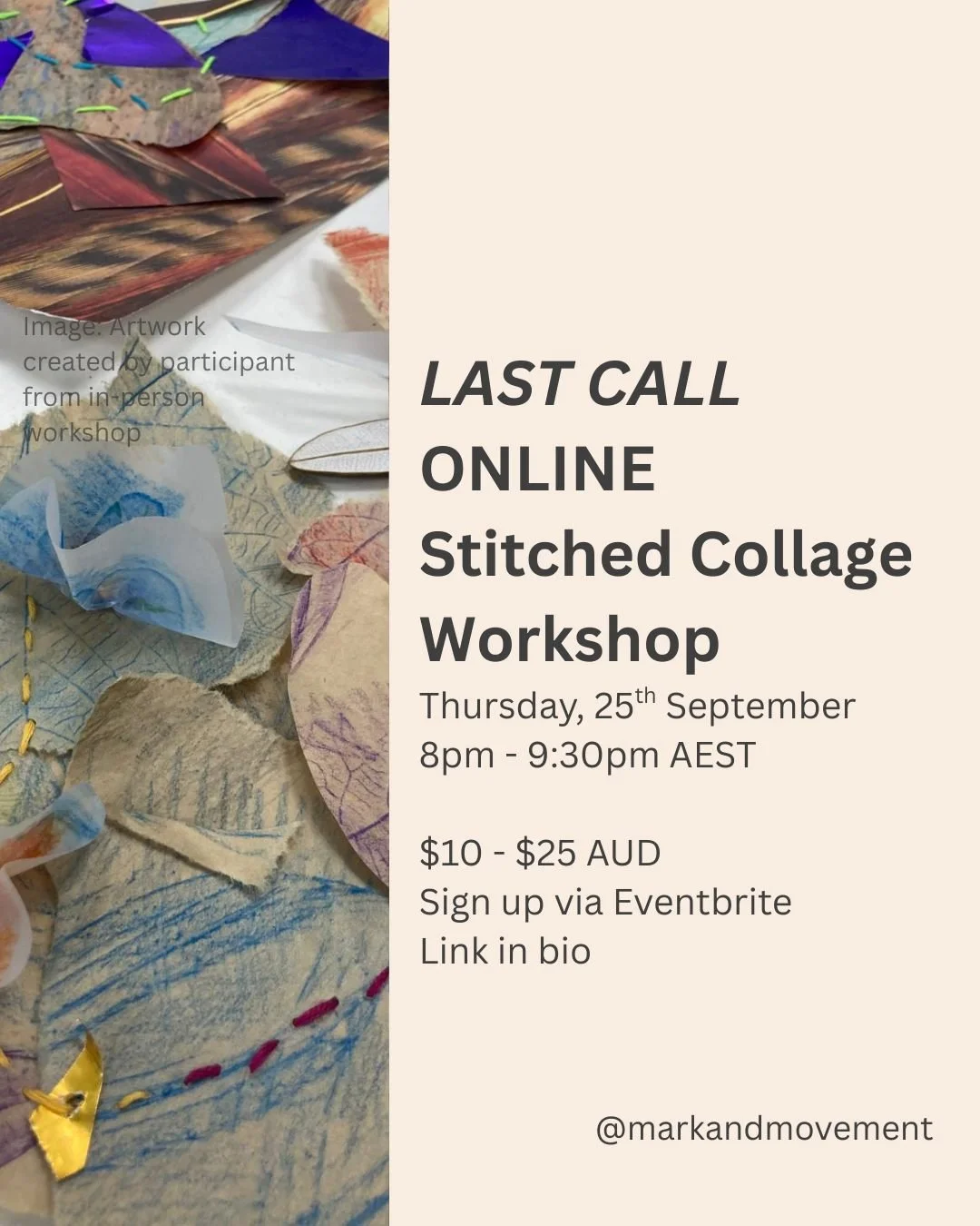 I've got a couple of spots left in tomorrows online workshop.

Thread, paper, and found textures &mdash; this is a peek at the kind of process we&rsquo;ll be exploring in my Stitched Collage Online Workshop.

These photos are from past in-person sess