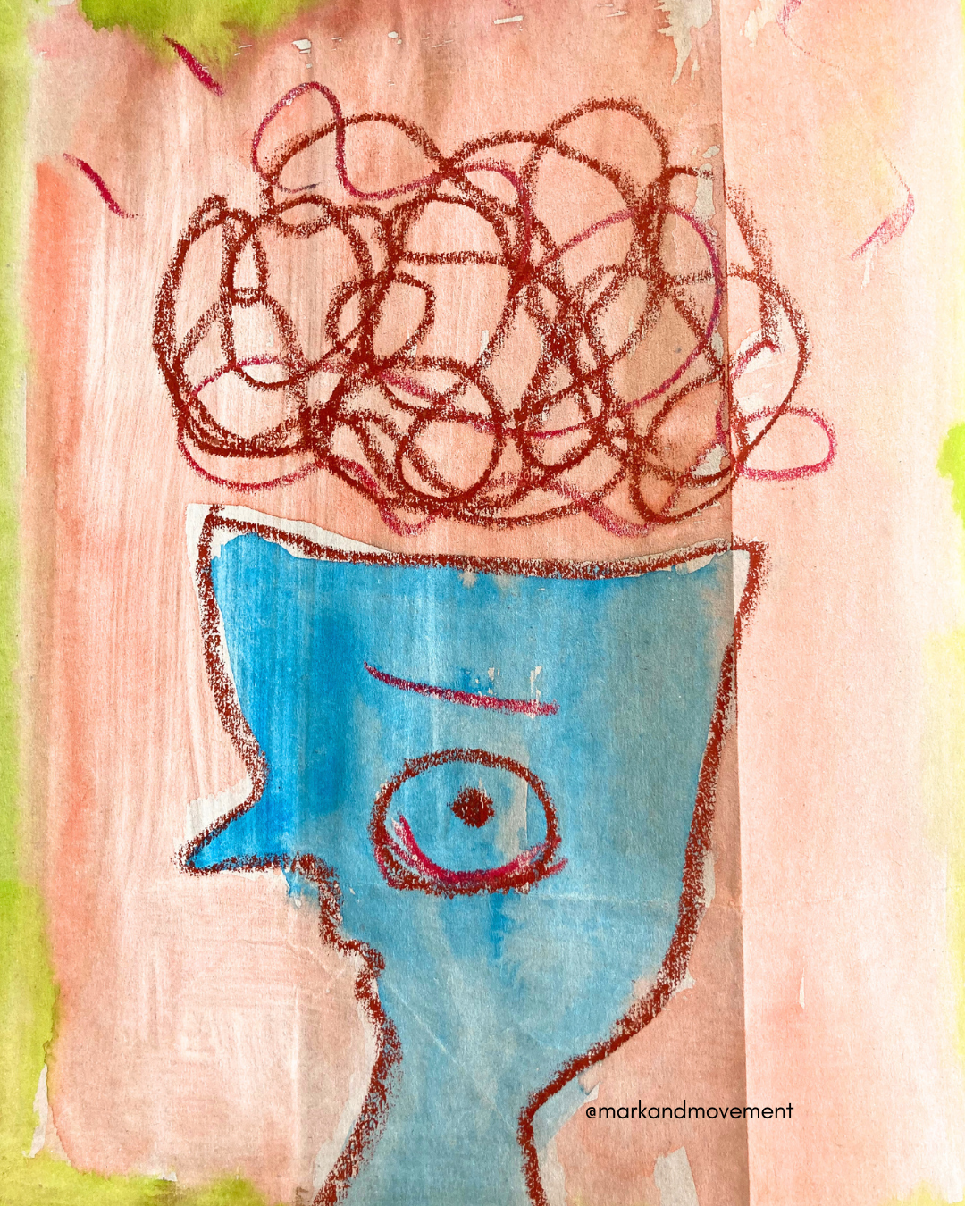 abstract artwork of a person with a busy mind using oil pastels and watercolour. the abstract person has a stresssed look on their face and tangle above their head representing a busy overthinking mind