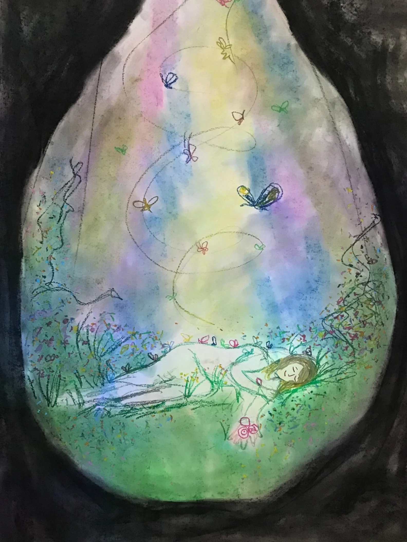 oil and osft pastel art work of a person peacefully laying in green grass surrounded by astral light and butterflies.