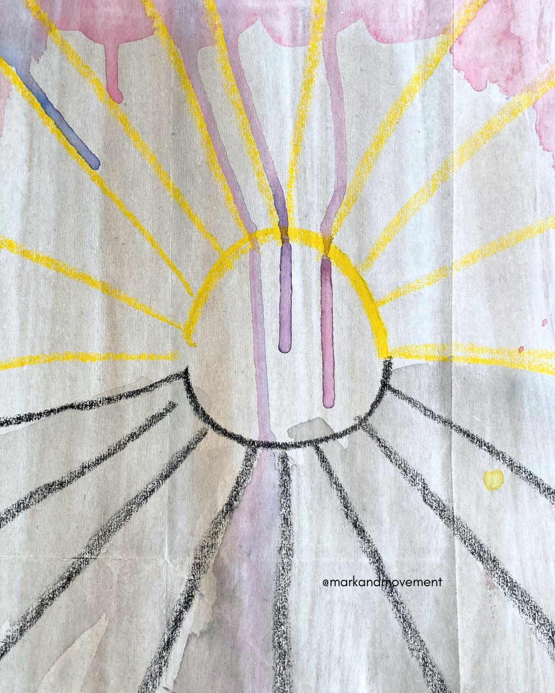 drips of watercolour paint and watercolour washes over oil pastel of ran abstract artwork of a run showing anove and below connection
