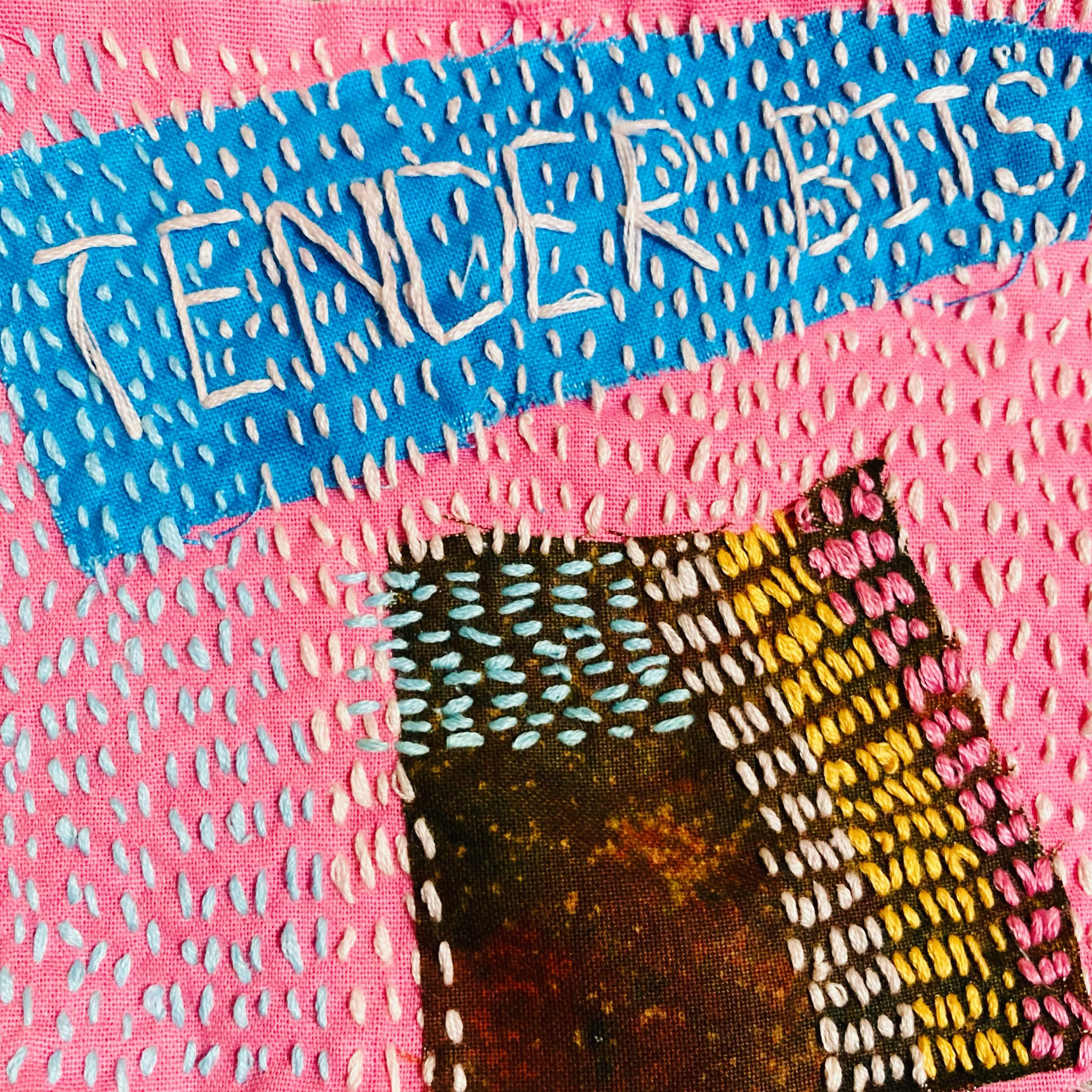 textile artwork of slow stitched kantha - with words tender bits stitched into