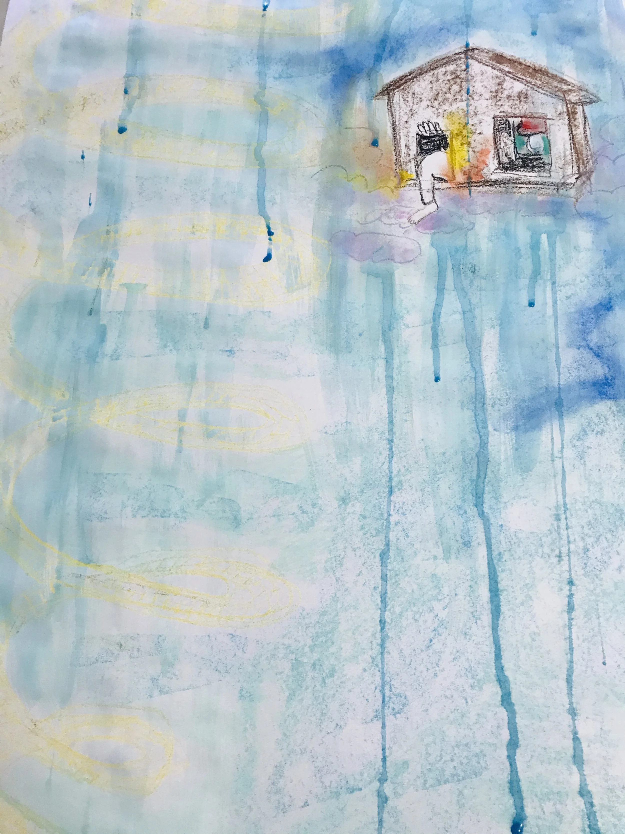 artwork - watercolour and oil pastels of house hovering in sky