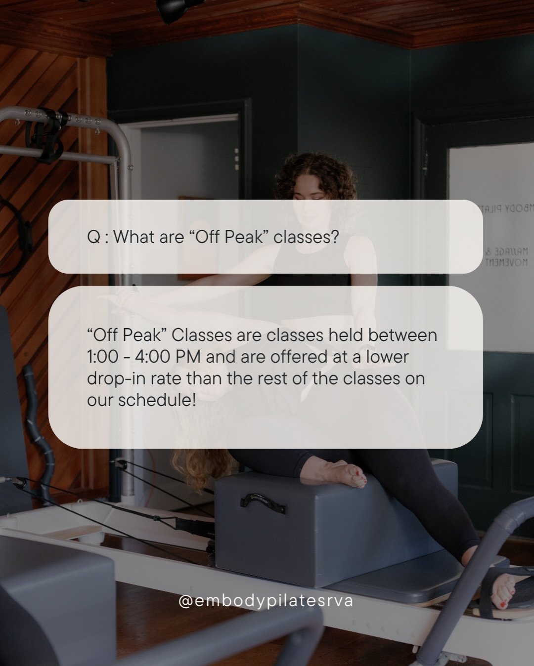 You may notice some of the classes on our schedule are marked as &ldquo;Off Peak&rdquo;...but what does that mean?

&ldquo;Off Peak&rdquo; classes are classes held between 1:00 - 4:00 PM and are offered at a lower drop-in rate than the rest of the cl