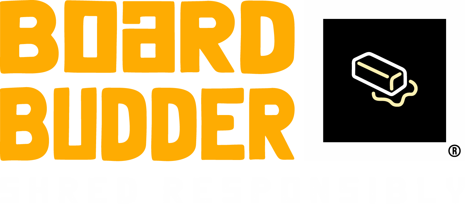 Logo of Board Budder with the words 'BOARD BUDDER' in bold orange letters and an icon of a glue stick on a black background.