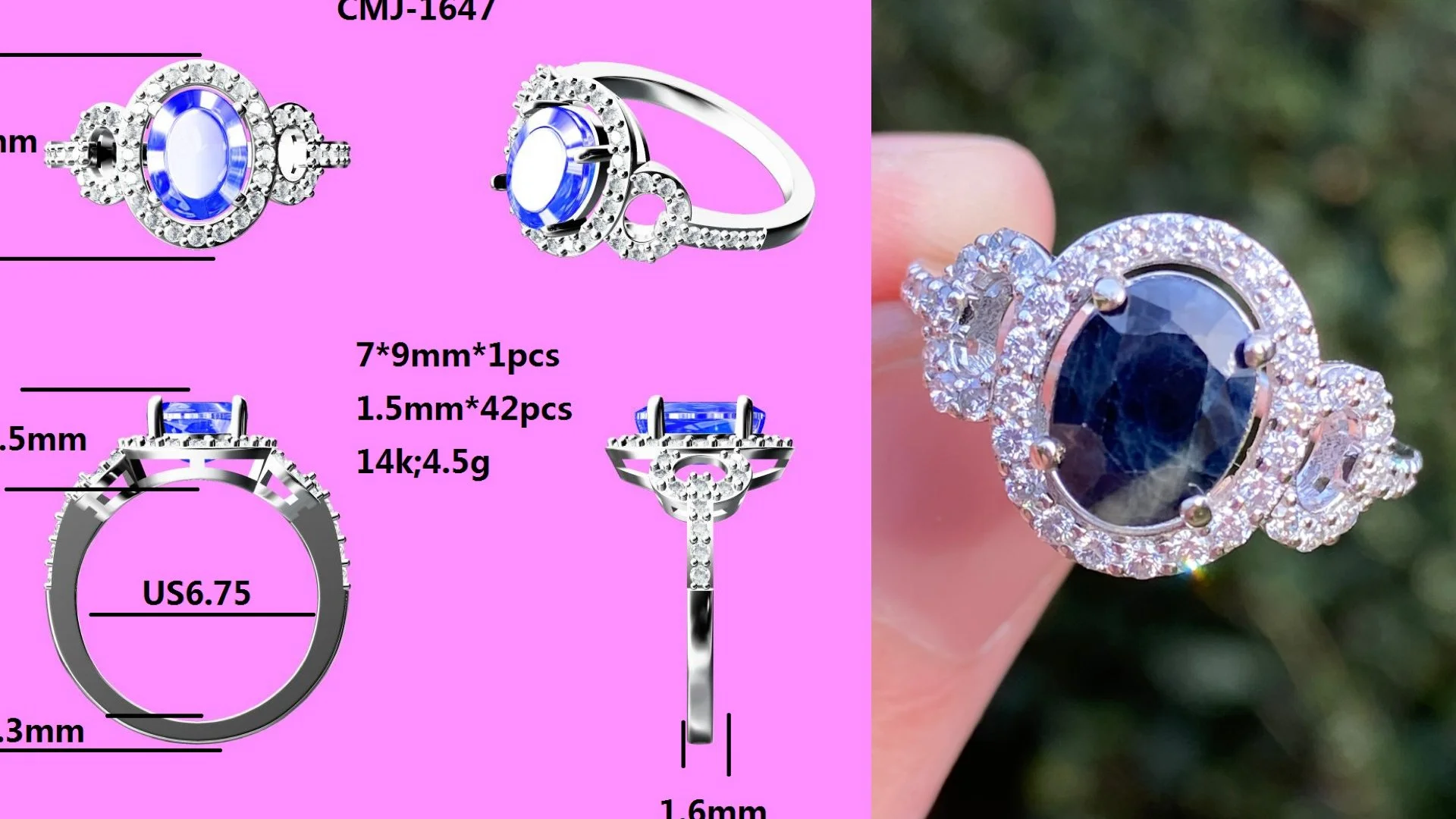 North Carolina sapphire set in a 14k white gold ring with lab diamond accents