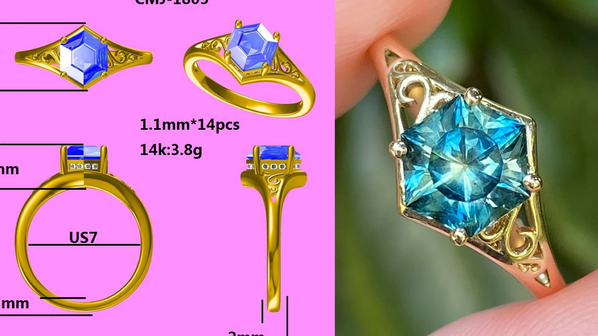 Montana sapphire in a 14k yellow gold filigree ring with a hidden lab diamond halo