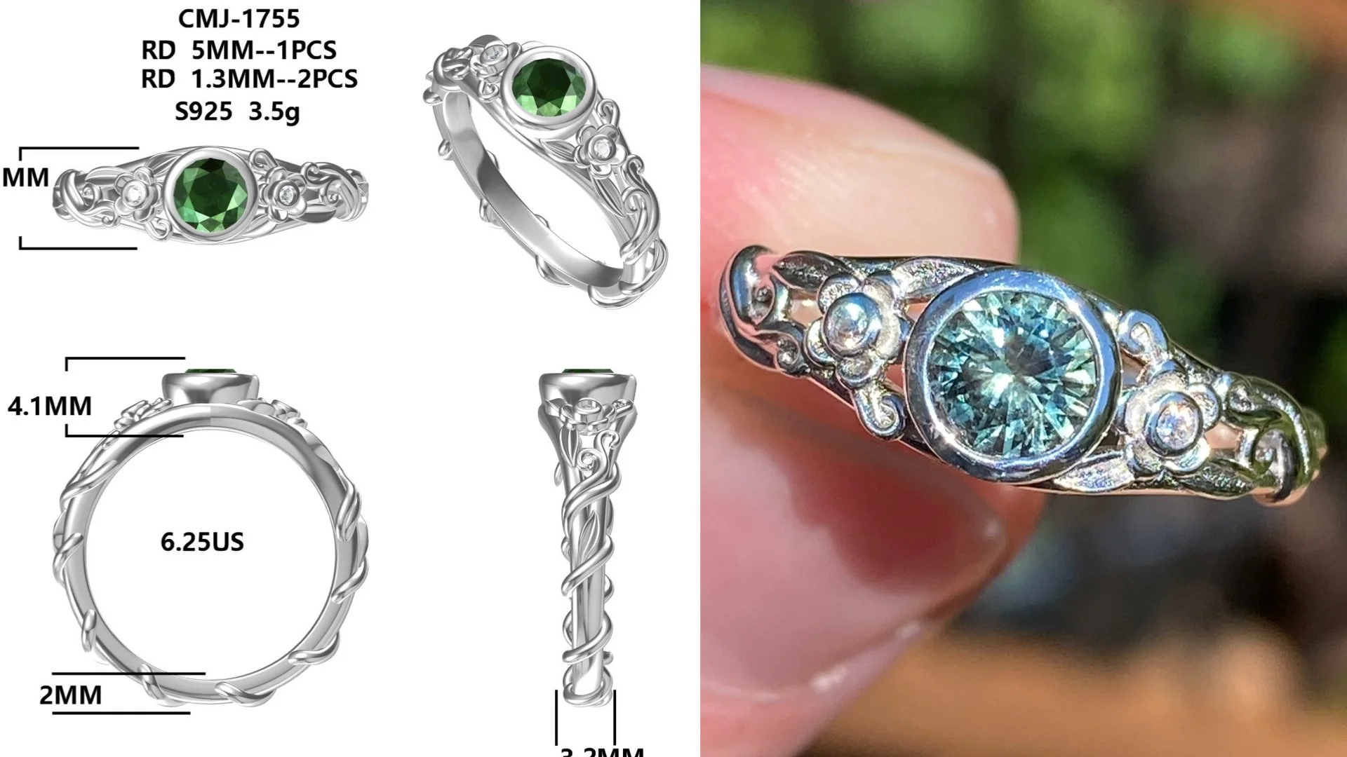 Montana sapphire in a sterling silver vine ring with CZ accents & bezel settings