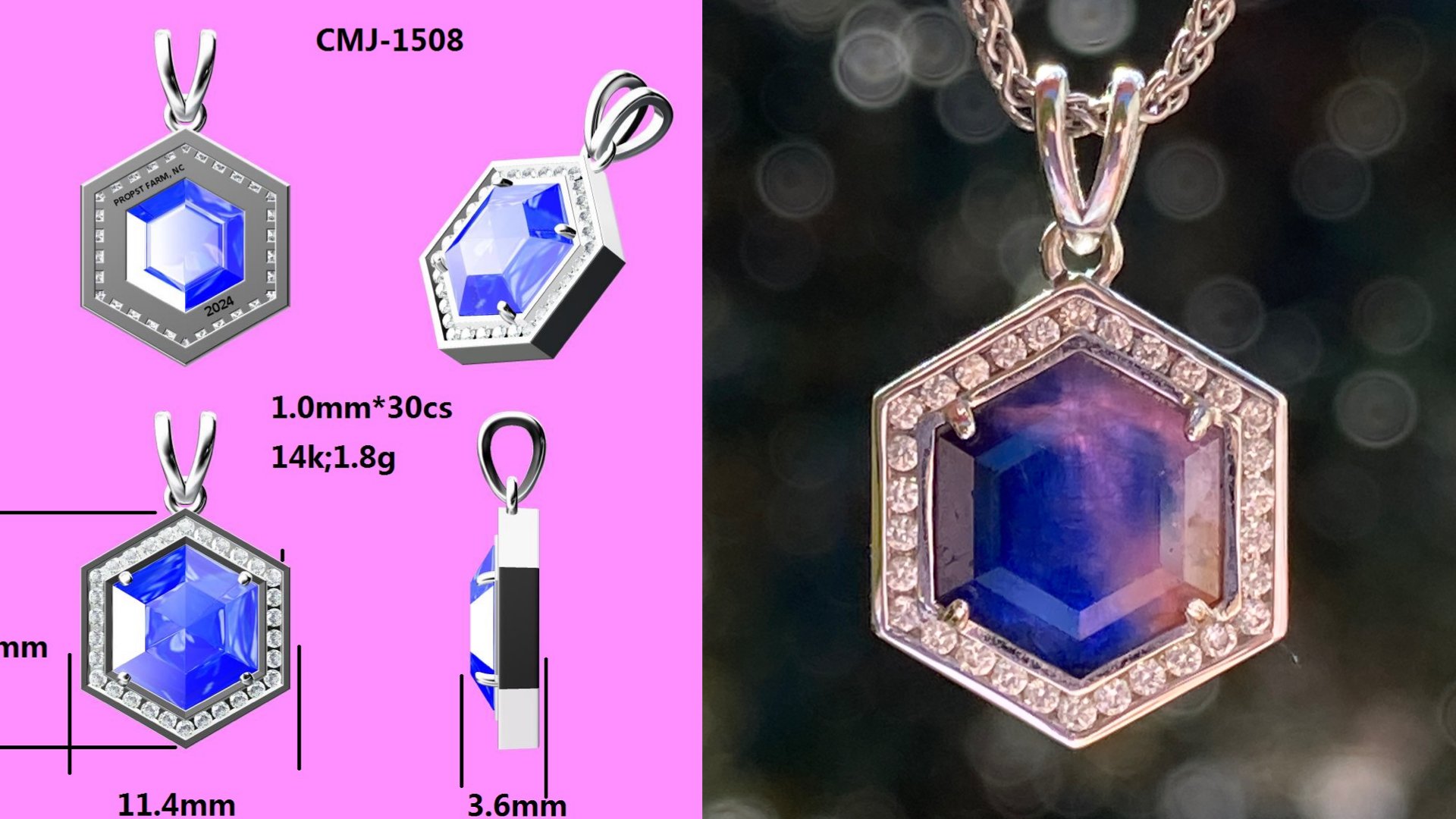 North Carolina sapphire in a 14k white gold pendant with a diamond halo