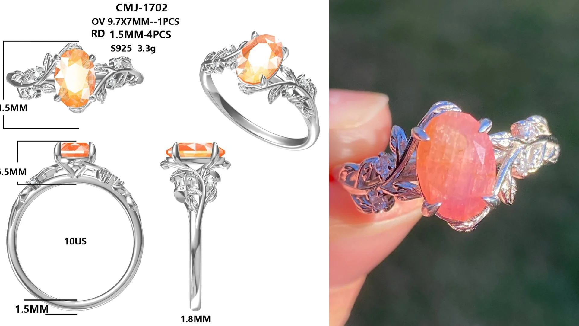 North Carolina sapphire in a sterling silver vine ring with CZ accents