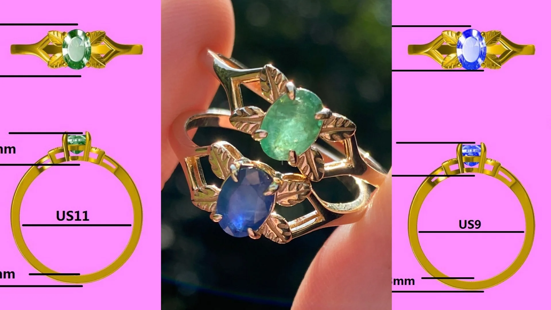 A North Carolina emerald & a North Carolina sapphire set in matching 14k gold rings