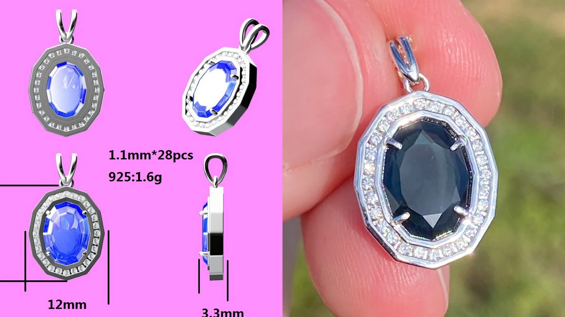 Australian sapphire in a sterling silver pendant with a lab diamond halo