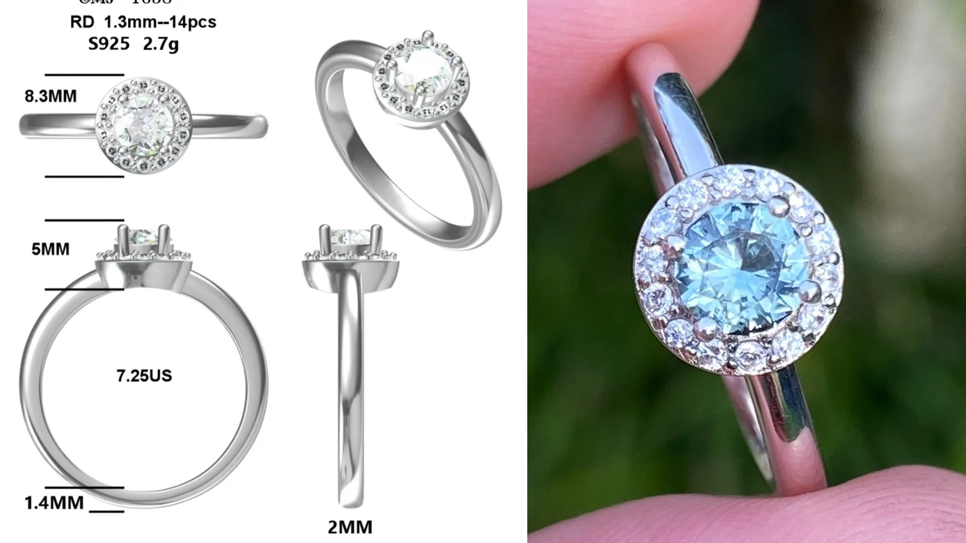 Montana sapphire in a sterling silver ring with a CZ halo