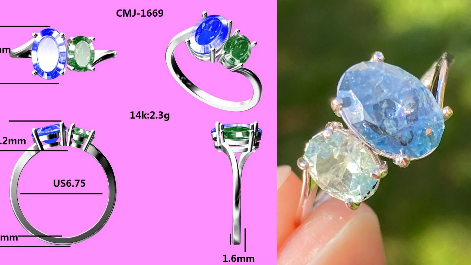 Two Montana sapphires in a 14k white gold ring