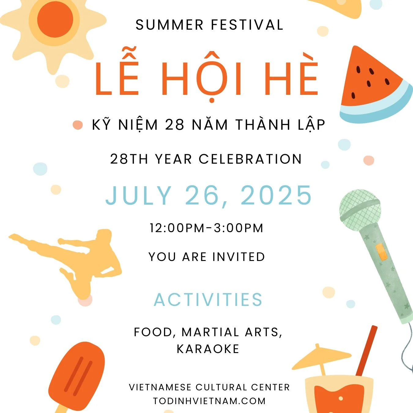 You are invited to join us for our 28th year celebration of the Vietnamese Cultural Center, Saturday, July 26, 2025 starting at 12pm. There will be food, martial arts demonstrations, and karaoke. 
#vietnameseculturalcenter #westseattle #summercelebra