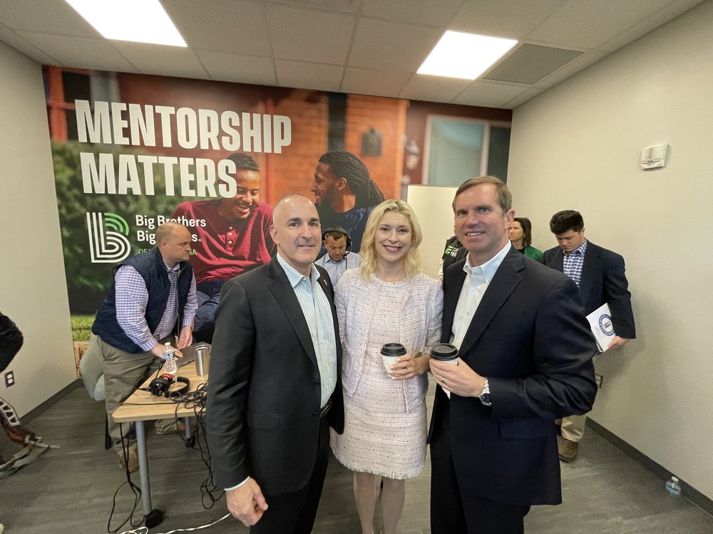  Kentucky’s First Lady Britainy Beshear and Gov. Andy Beshear join CEO Gary Friedman and ESPN Louisville inside Big Brothers Big Sisters of Kentuckiana’s space at the Goodwill Opportunity Center. 