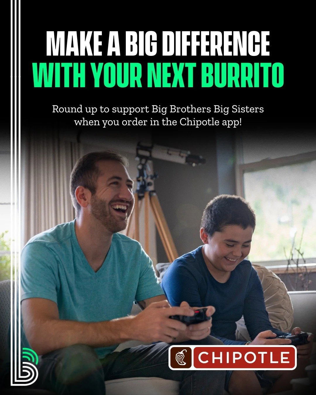 Go BIG on your next @chipotle order! NOW through the end of October, when you order through the app, you can round up your total in support of Big Brothers Big Sisters 🌯💚 #BeBig #MentorshipMatters