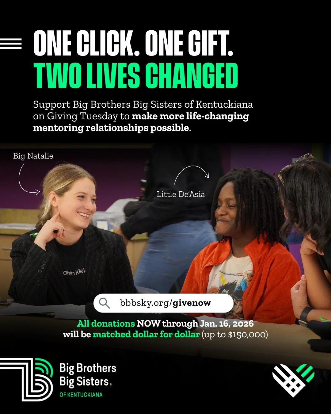 3 reasons to give to Big Brothers Big Sisters of Kentuckiana today:
1️⃣ Your gift will be MATCHED (doubling your impact!)
2️⃣ You&rsquo;ll help empower young people&rsquo;s potential 
3️⃣ You&rsquo;ll grow our community of mentors whose impact lasts 