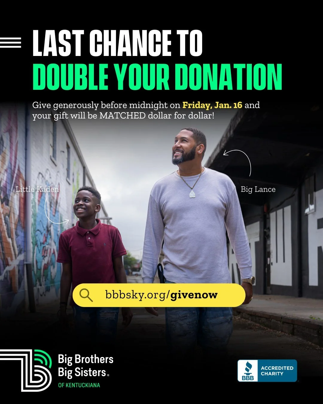 🗣️ LAST CALL: Make your #MentoringMonth gift before midnight on Friday, Jan. 16 and your impact will be DOUBLED 💸

We're 🤏𝘵𝘩𝘪𝘴 close to reaching our $150,000 goal. All donations help empower more young people through mentoring services, changi