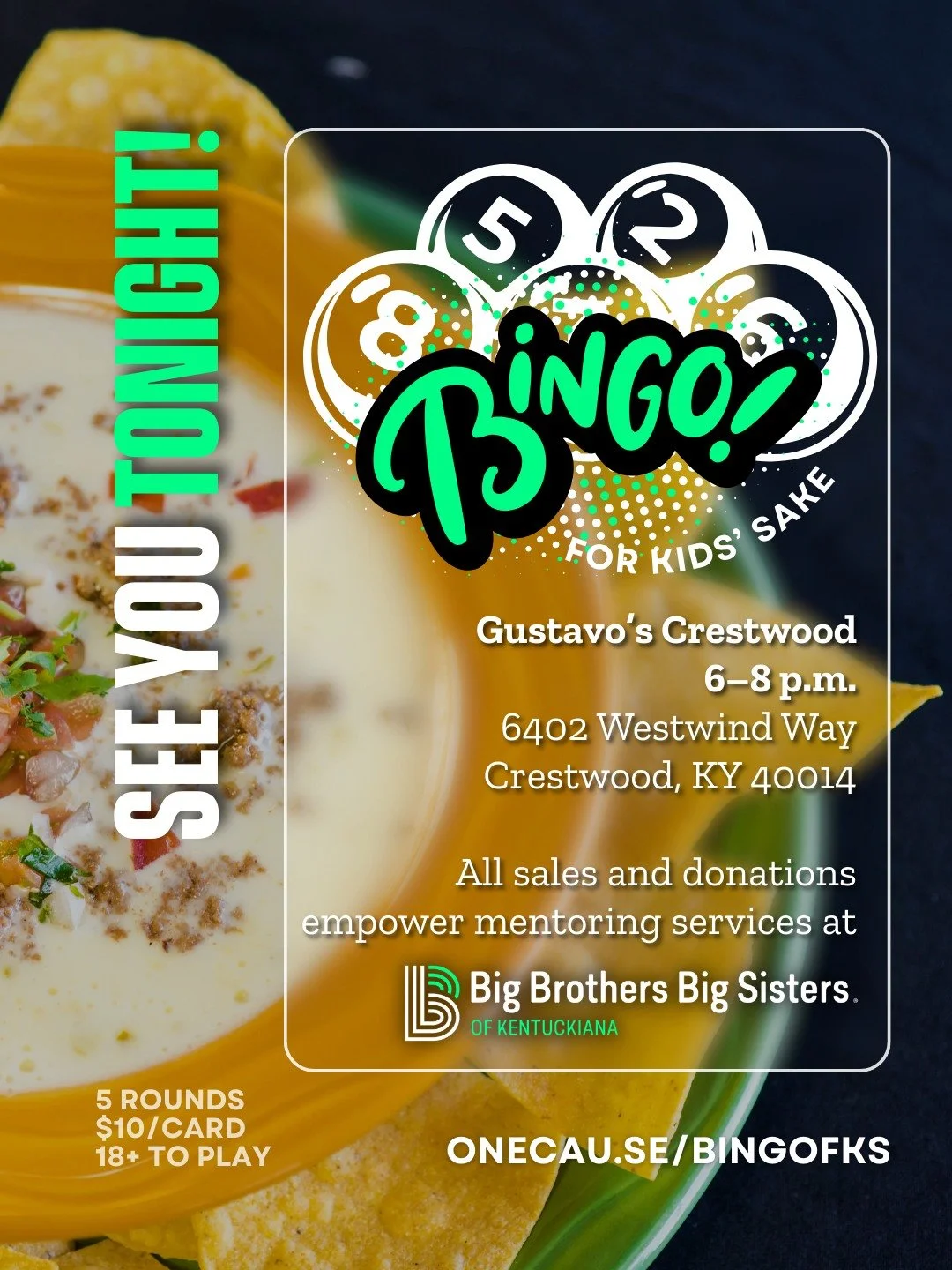 Got any plans tonight? How 'bout some BINGO! ✋

Join us TONIGHT for Bingo For Kids' Sake at Gustavo's in Crestwood! We'll have five rounds of exciting Bingo with some BIG gift card prizes &mdash; plus Gustavo's is donating 10% of ALL sales to our mis