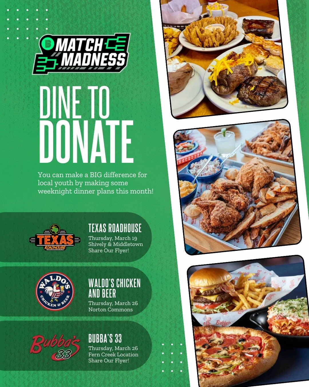 🏀 Match Madness is heating up &mdash; and your dinner plans just got easier.

Make a BIG difference for local youth simply by dining out this month! Join us at our Dine to Donate nights, where a portion of your meal supports life-changing mentorship