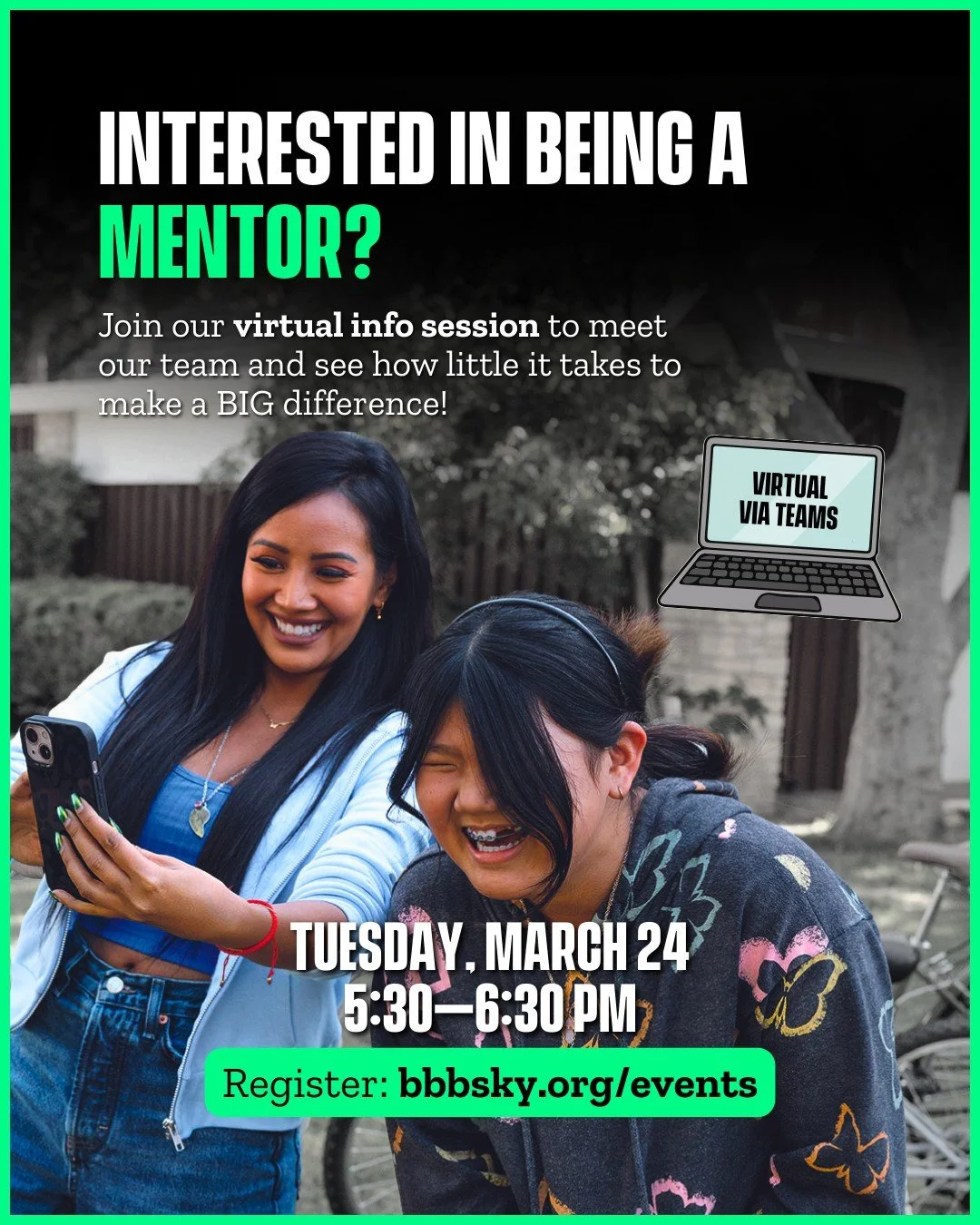 Thinking about mentoring but not sure where to start? We&rsquo;ve got you.

Our virtual info session is a relaxed, no-pressure way to learn what volunteering as a Big is all about, hear how the process works, and see how just a few hours each month c