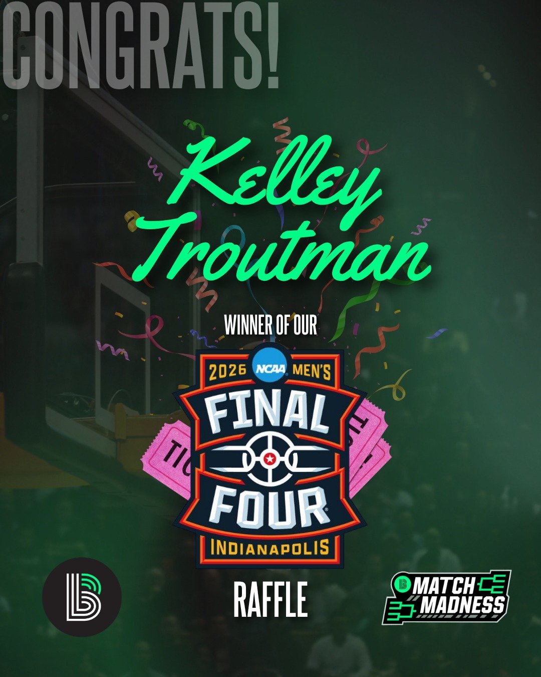 And the winner is 🏀🏀🏀 Kelley Troutman!

Kelley has just won TWO all-session passes to the NCAA Men's Final Four in Indianapolis, courtesy of @lucasoilproducts! Thank you to all who participated in our Match Madness Final Four Raffle, as each of yo
