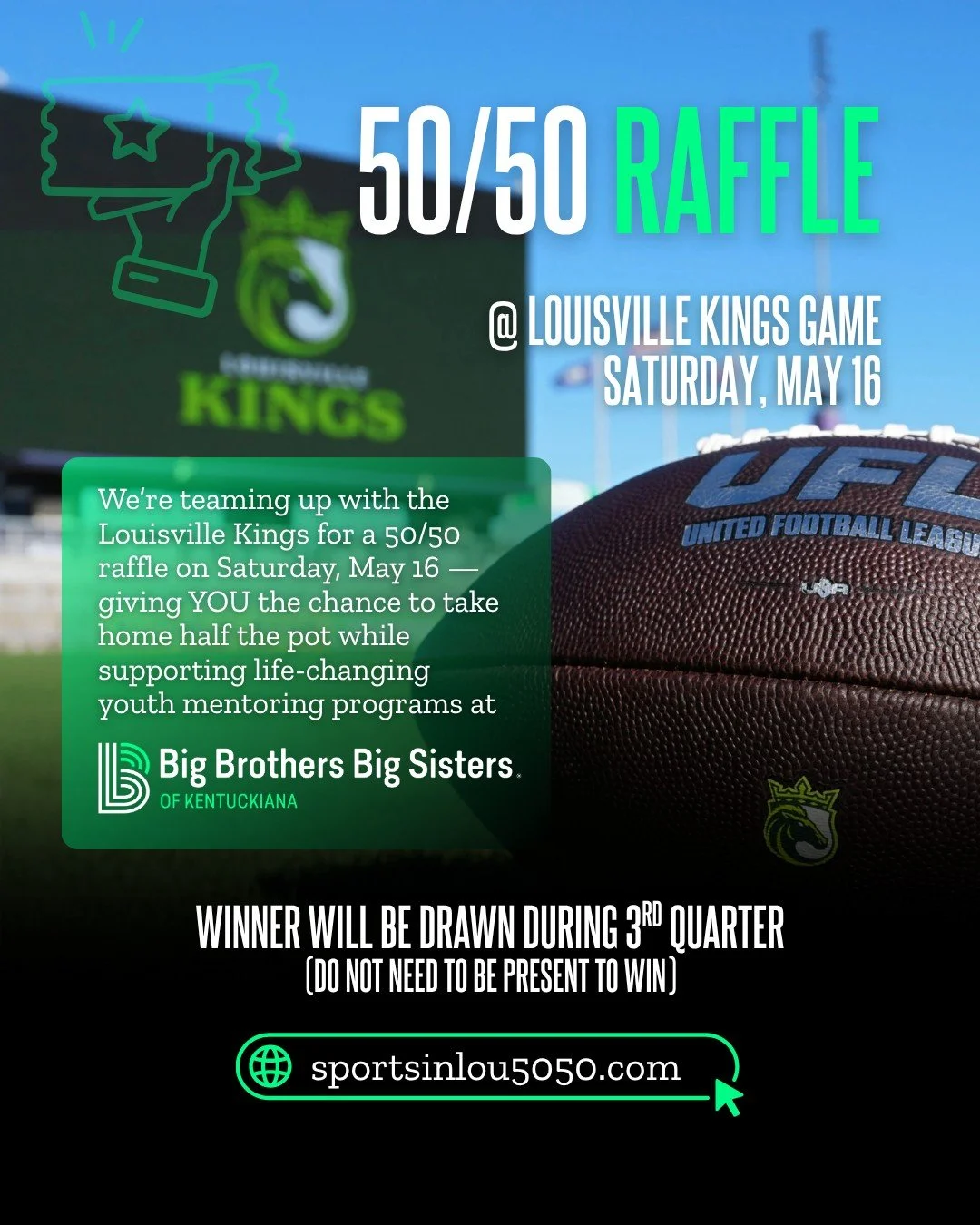 Grab a raffle ticket to support local youth and you could win BIG 🤝🎟️

Get in on our 50/50 raffle in partnership with the Louisville Kings! One lucky winner will go home with half the pot, and the other half directly supports life-changing youth me
