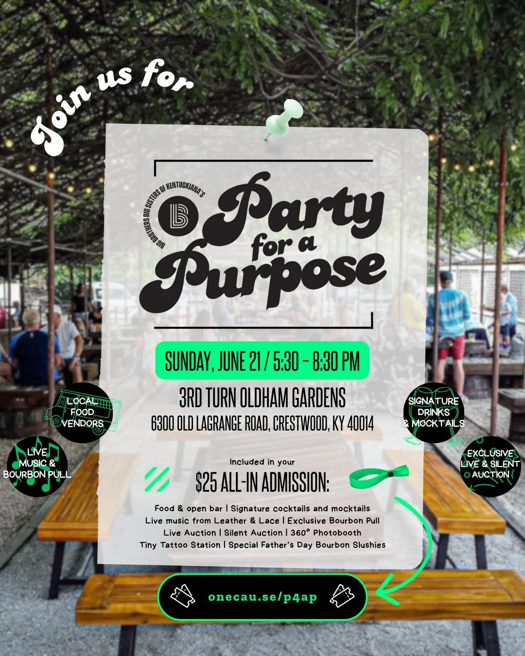 The BIGGEST party of the year is almost here! 🎶💚

Join us at @3rdturnoldhamgardens for Party for a Purpose &mdash; an unforgettable evening of fun, community, and impact benefiting Big Brothers Big Sisters of Kentuckiana.

Enjoy great food, signatu