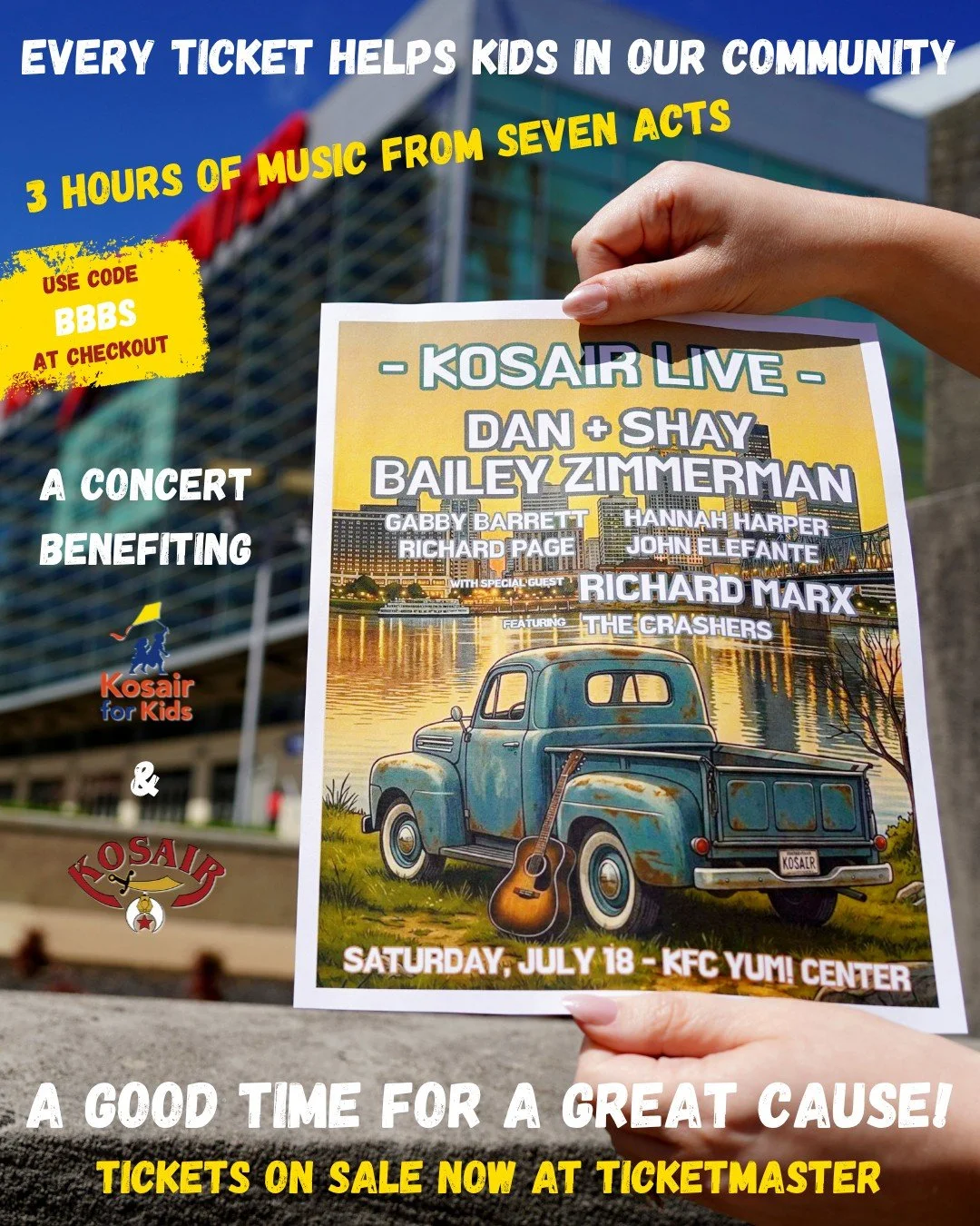 Ready for a night of unforgettable music AND a chance to make a difference?

Come on out to Kosair Live on July 18 for an incredible concert featuring Bailey Zimmerman, Dan + Shay, Gabby Barrett, Hannah Harper, Richard Marx, John Elefante, Richard Pa