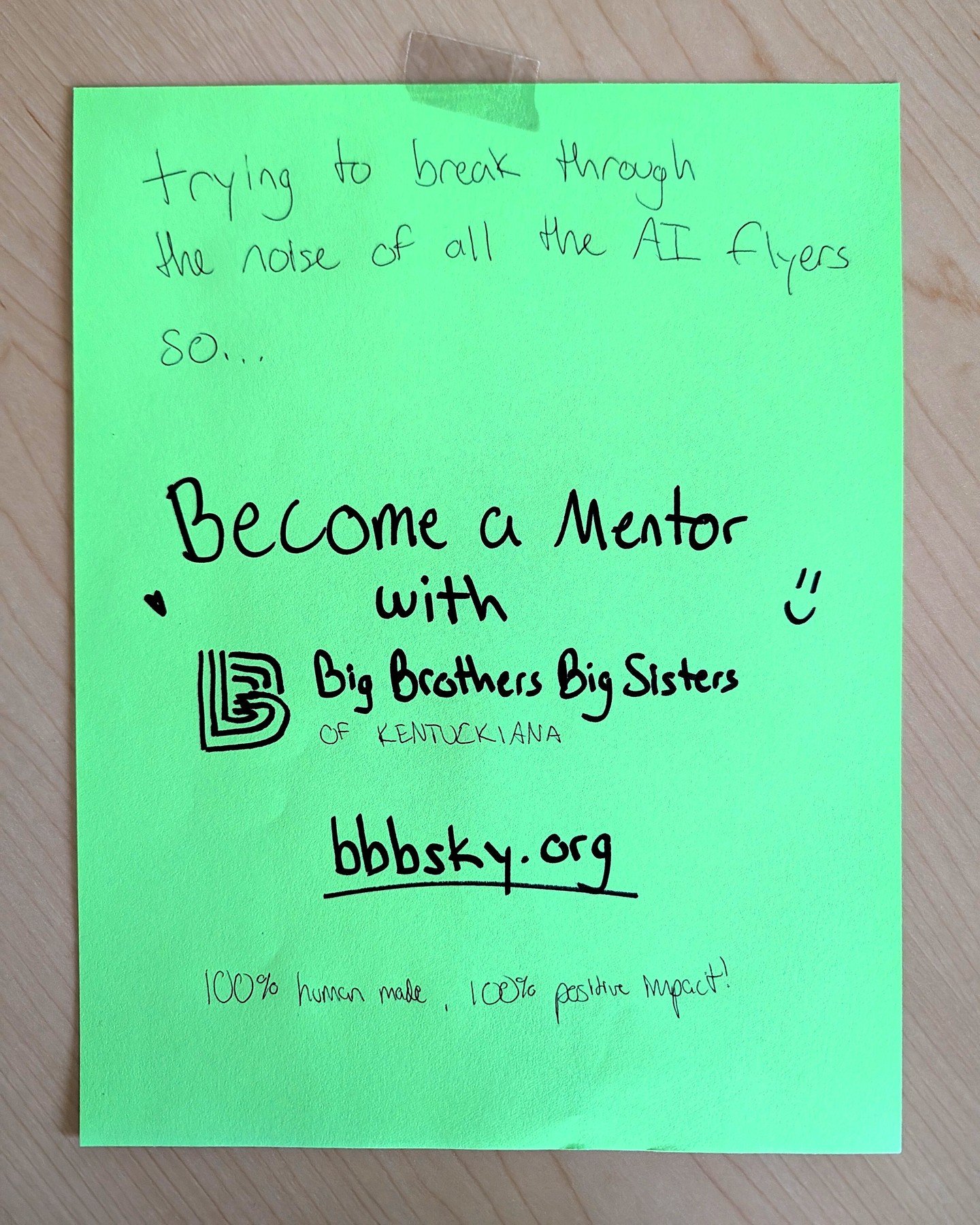 We're tired of AI flyers that all look the same, too.

Sure our handwriting isn't the best, but you know what 𝘪𝘴? Our evidence-based youth mentoring programs that are building brighter futures in Kentucky and Southern Indiana! 🌞

Learn more about 
