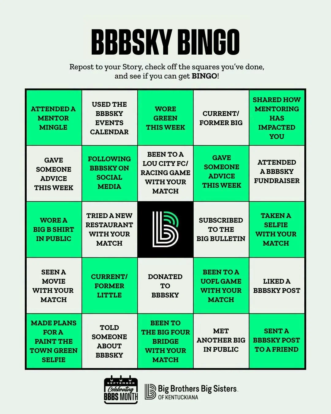 In honor of #BBBSMonth, let's play a game of bingo! Reshare this post to your story and check off the squares you've done.✅

Let us know if you got bingo &amp; tag someone who should play along!⬇️ (inspo from @bbbsamerica ✨)